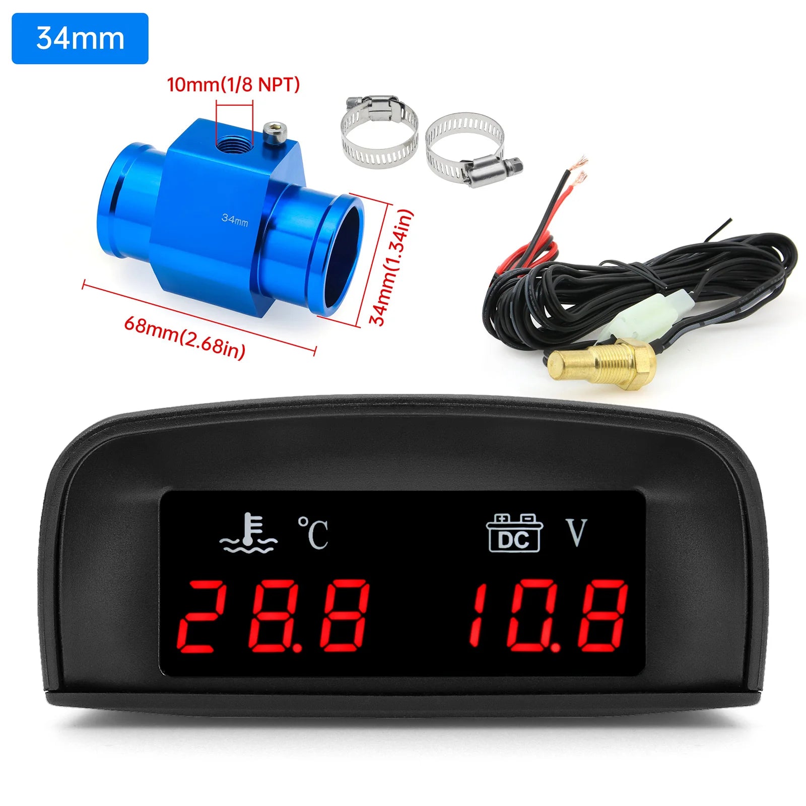 2 In 1 Car Water Temperature and Voltage Gauge | Digital LCD Display with 1/8 NPT Sensor detail view