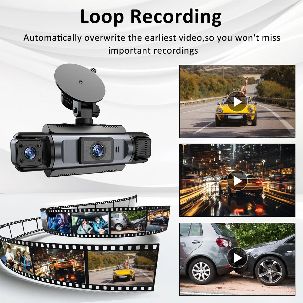 ZKCAMSPY 360° Dash Cam 1080P Front 720P Rear 480P Right Side, 3.16" 4-Split Screen, 4 Lens/3 Lens, Super Night Vision, 24H Parking Monitor, G-Sensor, Loop Recording, Car DVR Recorder with 12-24V Car Plugs, Optional No-card