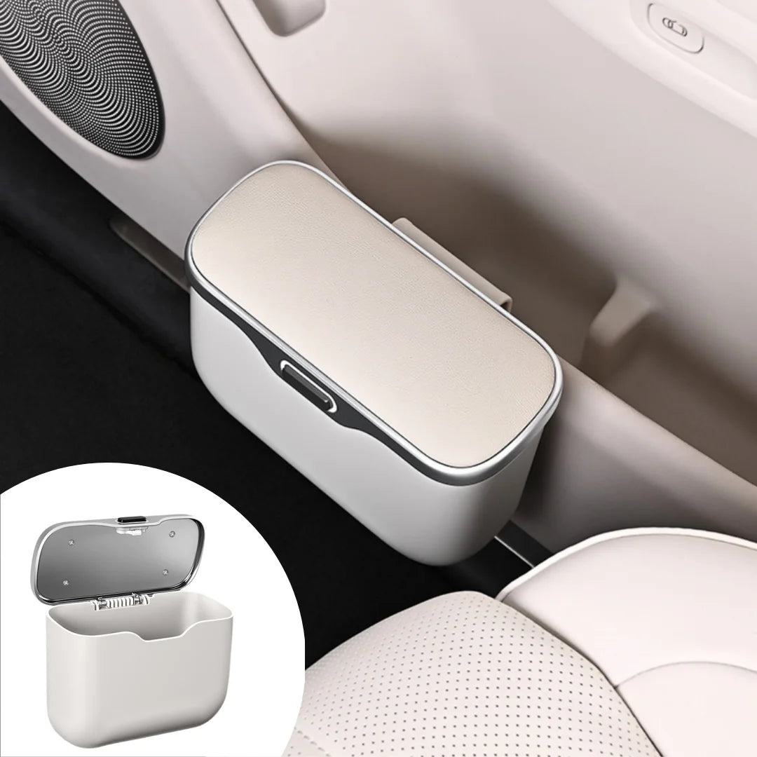 Car Trash Can with Lid Button | PU Leather Hanging Auto Interior Organizer