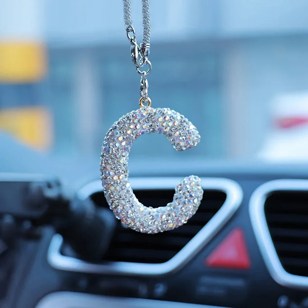 Letter Butterfly Knot Clay Car Interior Accessories Hanging Ornament Women's Rhinestone Car Rearview Mirror Pendant Drop