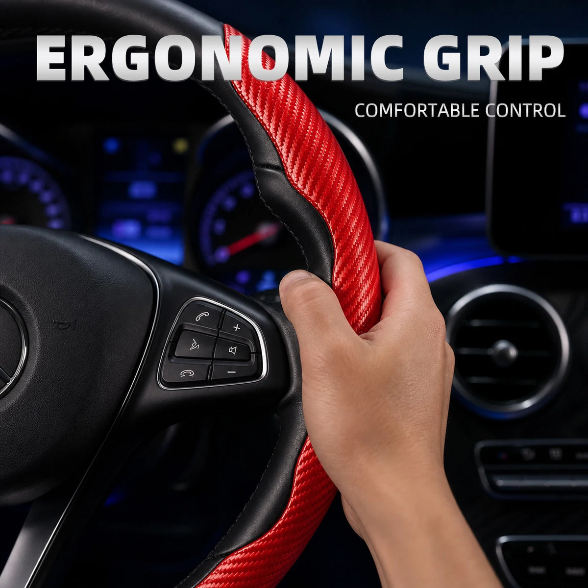 Anti‑Slip Carbon Fiber Steering Wheel Cover Ergonomic Hand Grip Wear‑Resistant Car Int close-up view