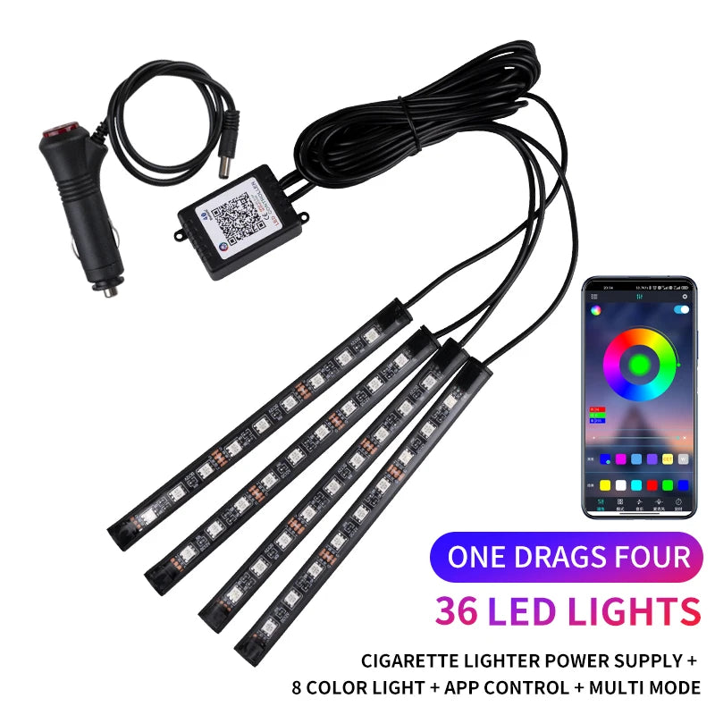 Neon LED Car Interior Ambient Foot Strip Light Kit Accessories RGB Backlight Remote Ap close-up view