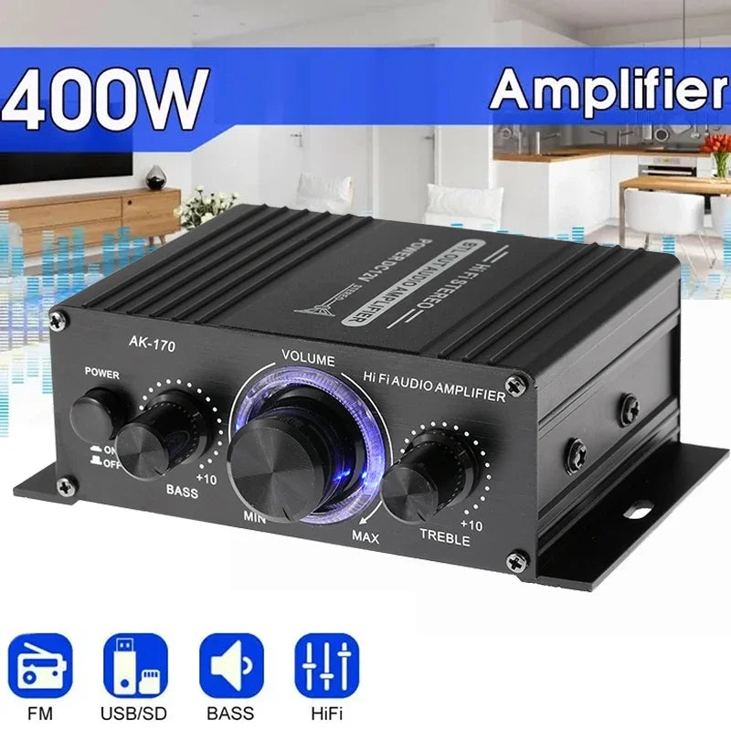 AK170 Mini Digital Power Audio Car Amplifier Blue Light Stereo Audio Amplifier for Home Theater Club