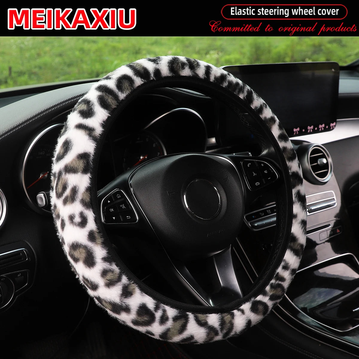 Leopard Print Winter Steering Wheel Cover Soft Comfortable 14.5-15 Inch Rimless Car Ac close-up view