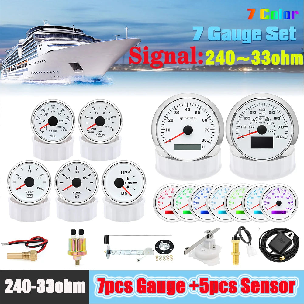 7 Gauge Set with GPS Speedometer and Fuel Float Sender | 80MPH 8K RPM Tacho for Boat and Car