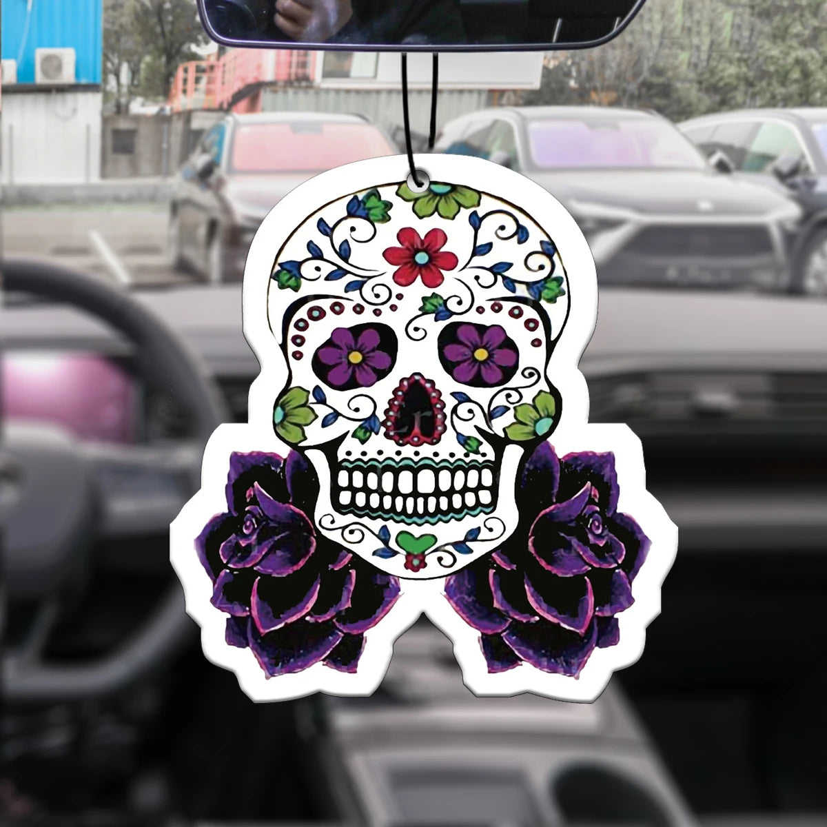Purple Skull Car Air Freshener | Long-Lasting Perfume Pendant lifestyle view