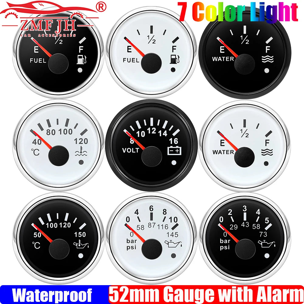 ZMFJH 7 Color Light 52mm Car Gauge Set | Fuel Water Level Voltmeter Oil Pressure Temp Gauge with Ala