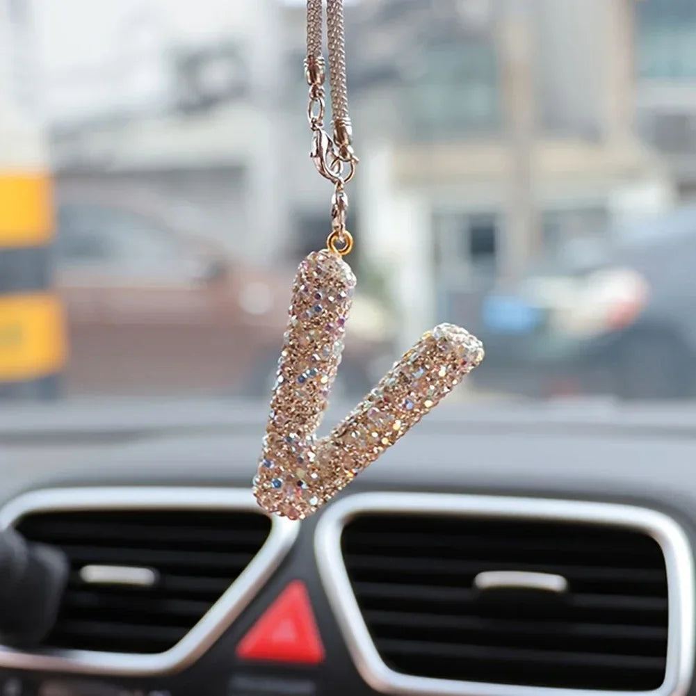 Letter Butterfly Knot Clay Car Interior Accessories Hanging Ornament Women's Rhinestone Car Rearview Mirror Pendant Drop