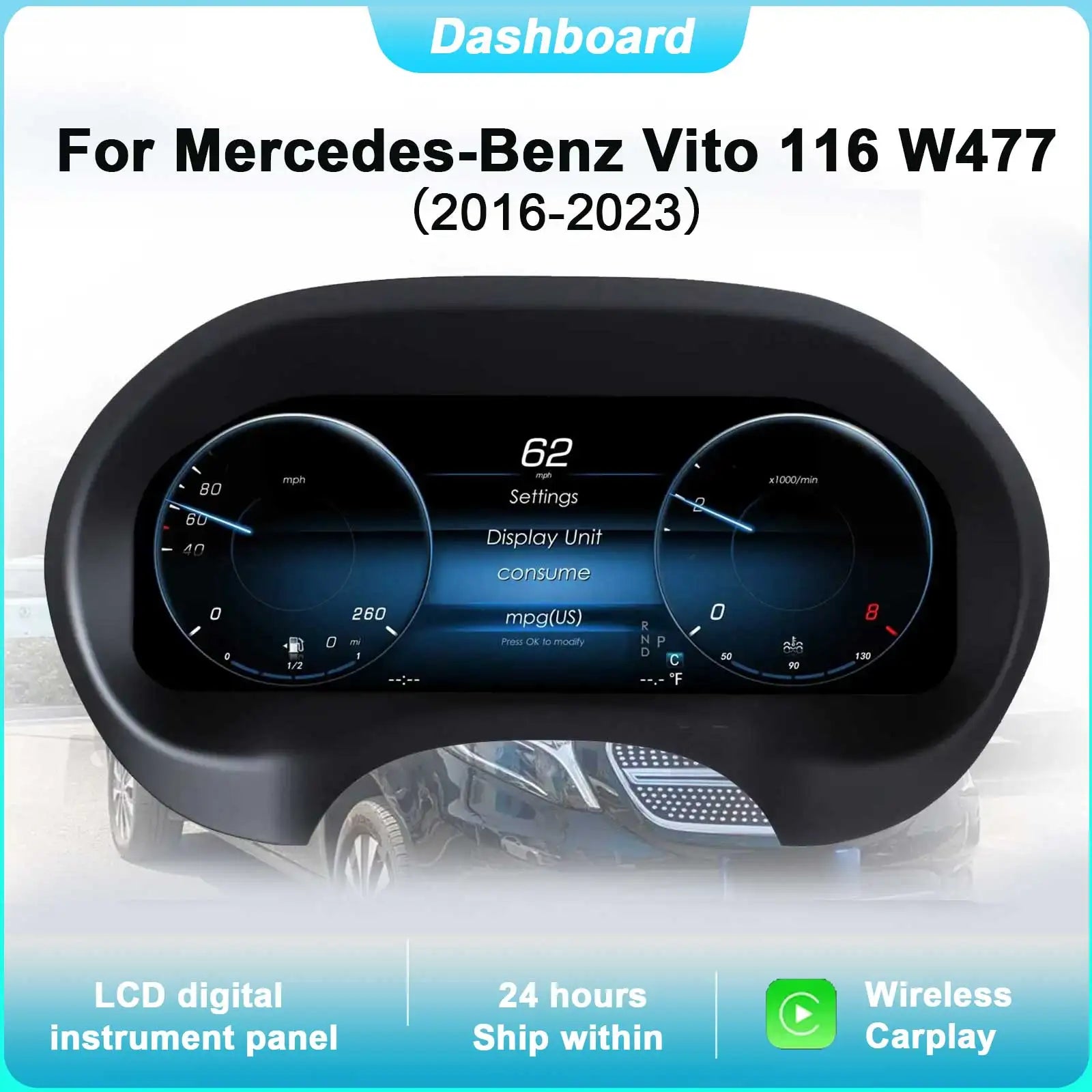Digital Cluster Dashboard for Mercedes-Benz Vito 116 W477 2016-2023 | 12.3-Inch HD 1920x720 LCD Spee