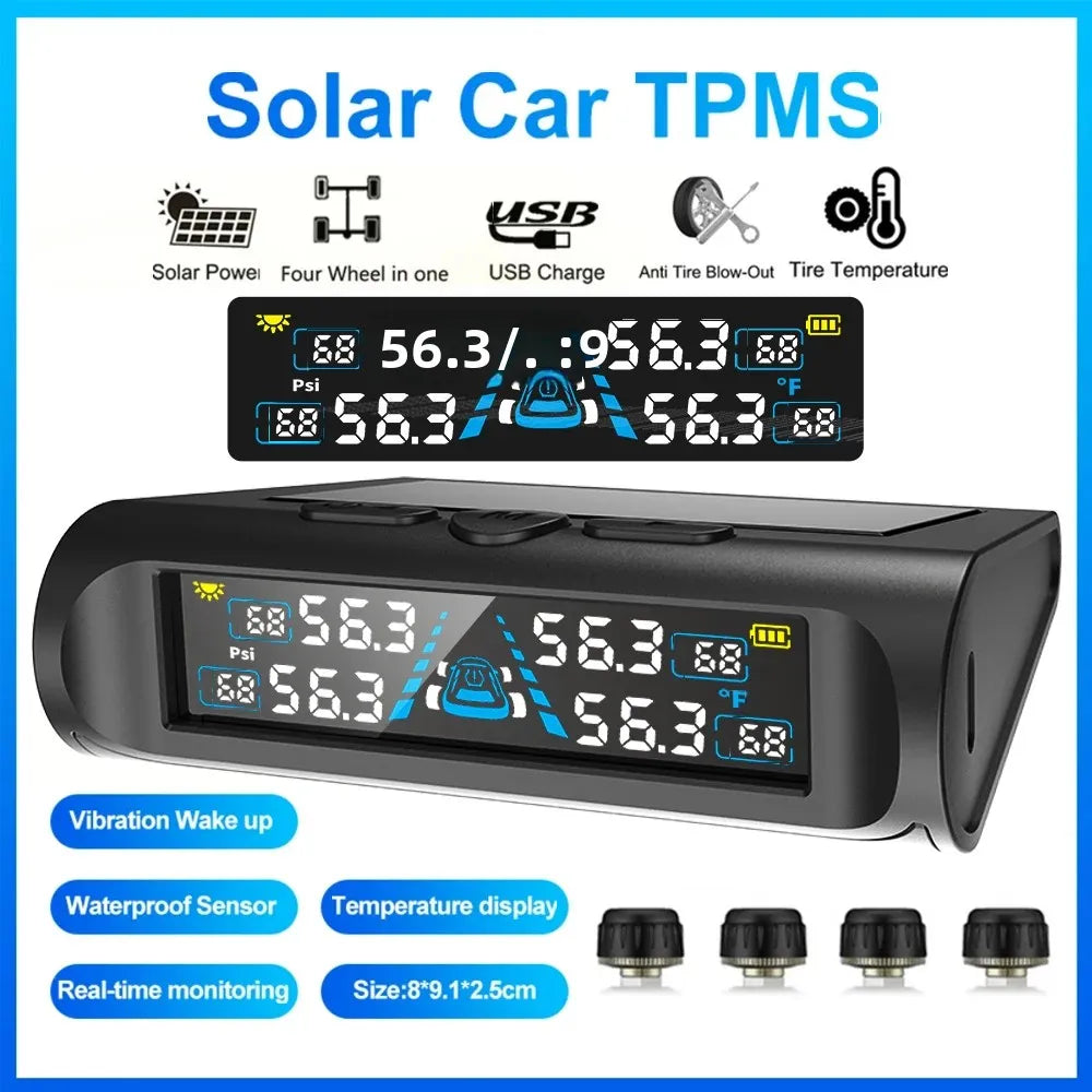 USB/Solar TPMS Temperature Monitor with 4 External Sensors | Digital LCD Tire Pressure Gauge for Car