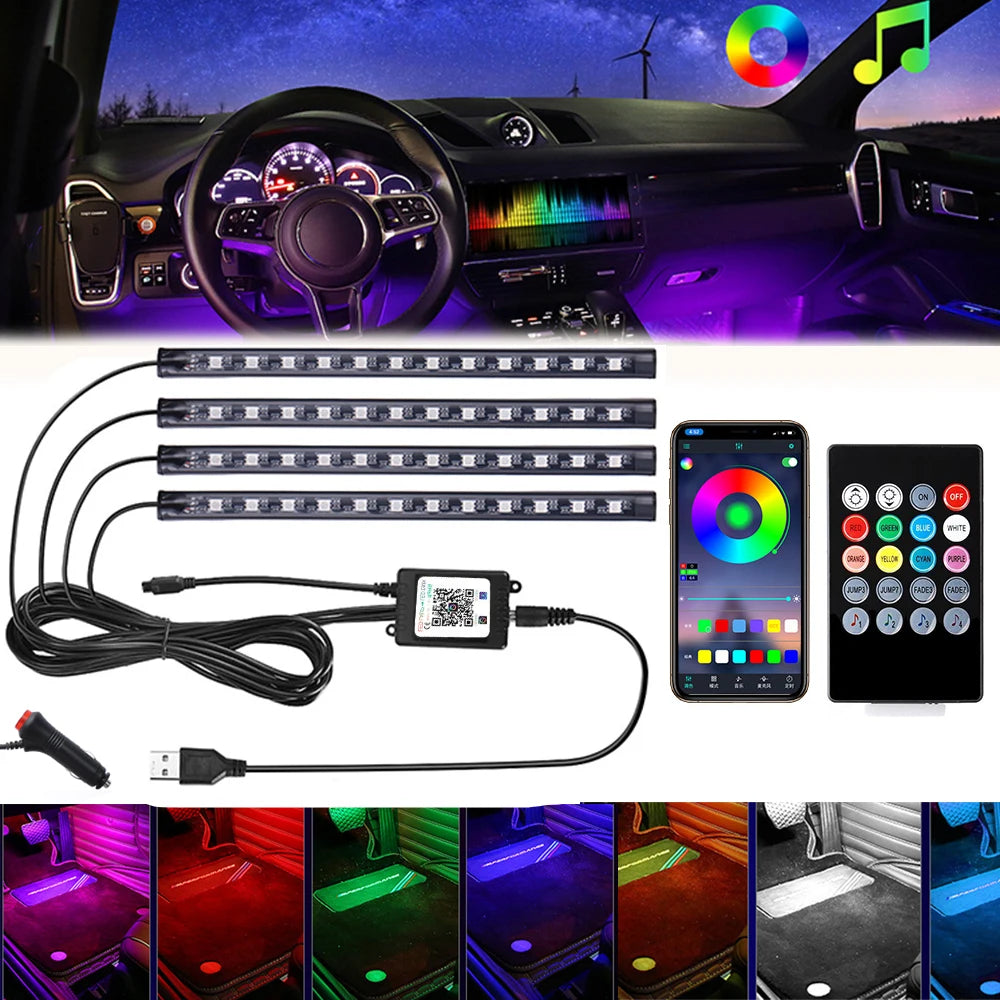 72/48/36 LED RGB Car Foot Ambient Light with USB Cigarette Automotive Interior Lights Strip Decorati
