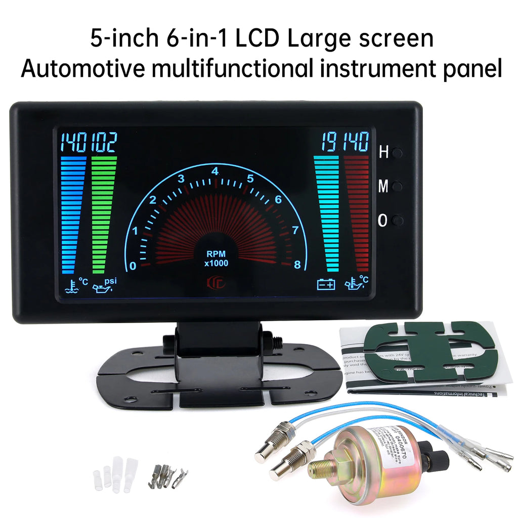 5-inch 6-in-1 LCD Large Screen Automotive Multifunctionol Instrument Ponel Vehicles Gauge 12V Water Temp Voltage Oil Pressure