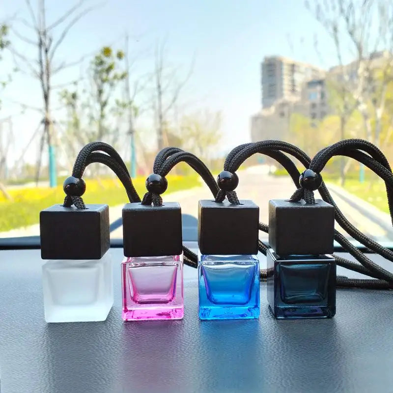 Square Glass Car Perfume Bottle Pendant | Empty Essential Oil Diffuser close-up view