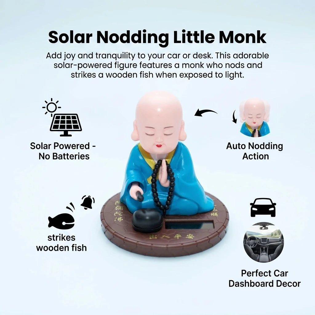 ABS Plastic Monk Car Dashboard Ornament Solar Powered Bobblehead Figurines Automatic nodding Little Monk Car Interior Accessory