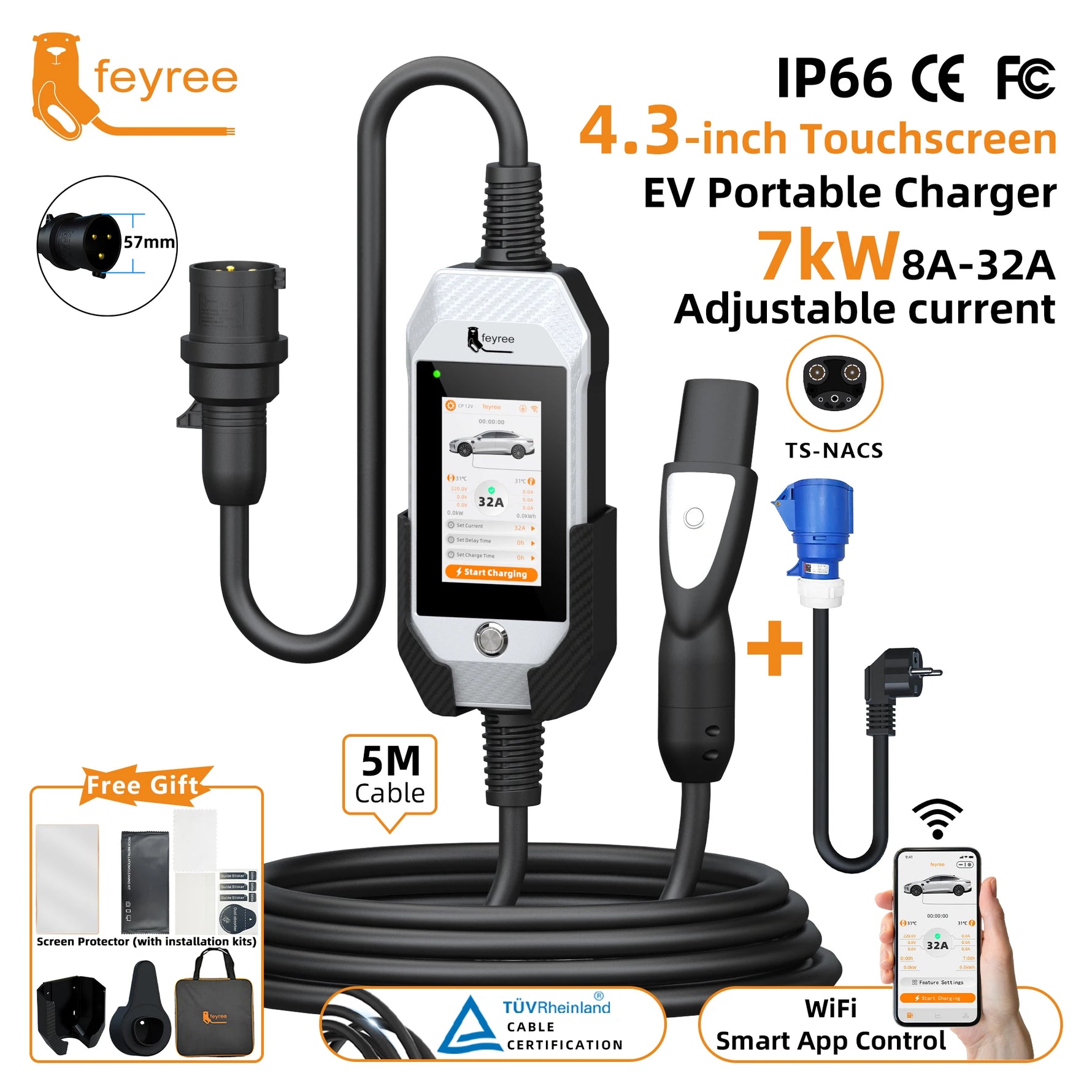 feyree 4.3 Inch Touch Screen Portable EV Charger | 7kW 32A Smart WiFi for Tesla close-up view