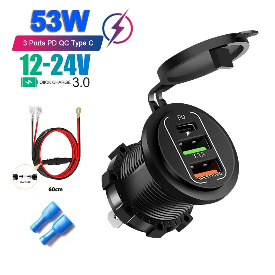 New Car USB Charger PD3.0 & QC3.0 Fast Charging Socket with Voltmeter On/Off Switch 12/2 detail view