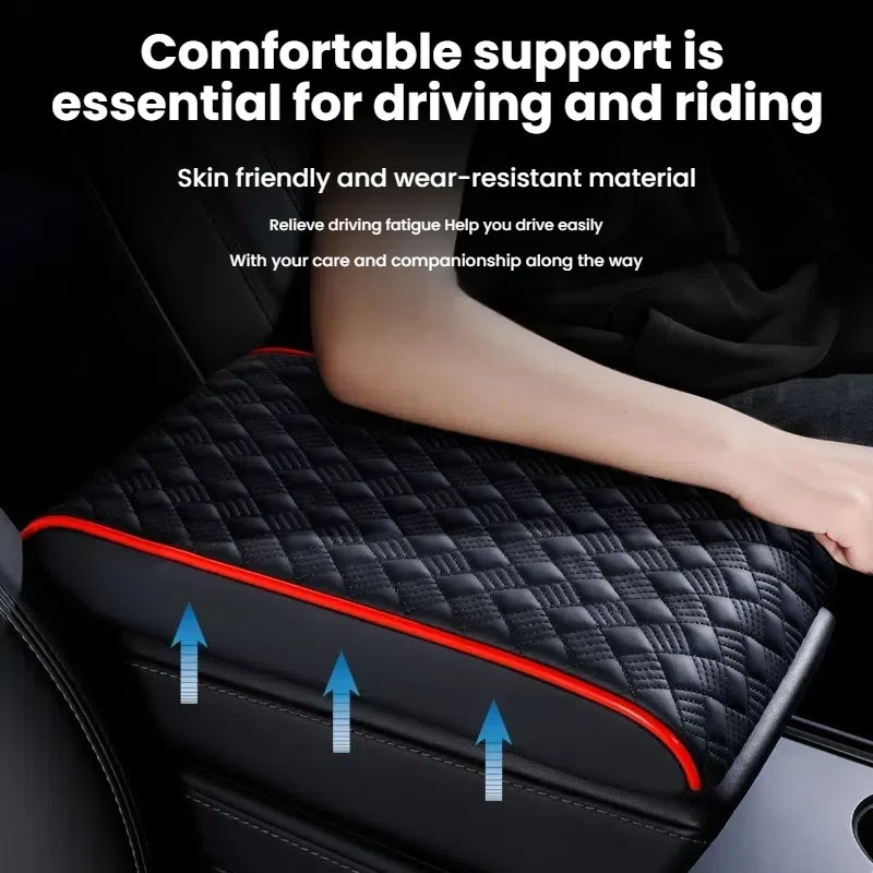 Premium Red Leather Car Armrest Box Pad | Adjustable Dashboard Organizer with Ergonomi close-up view