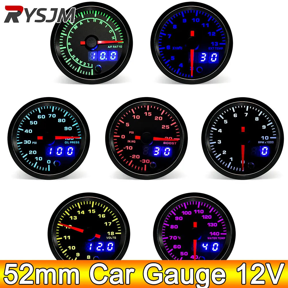 52mm 7 Color LED Car Gauge Set | Dual Display Boost Water Temp Oil Pressure Voltmeter EGT Tachometer