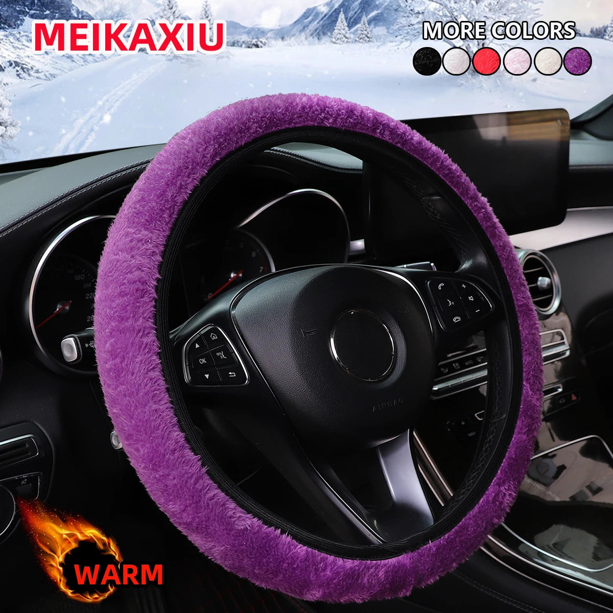 Winter Plush Steering Wheel Cover Black close-up view