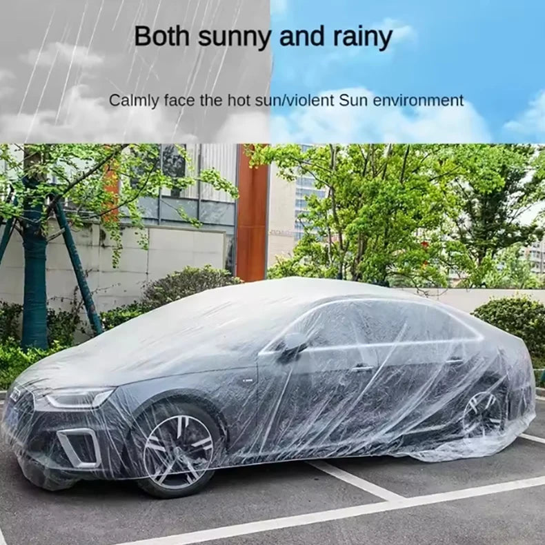 Universal Exterior Waterproof Car Cover | Disposable PE Plastic Automobile Cover with Elastic