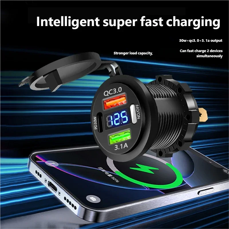 New Car USB Charger PD3.0 & QC3.0 Fast Charging Socket with Voltmeter On/Off Switch 12/2 detail view