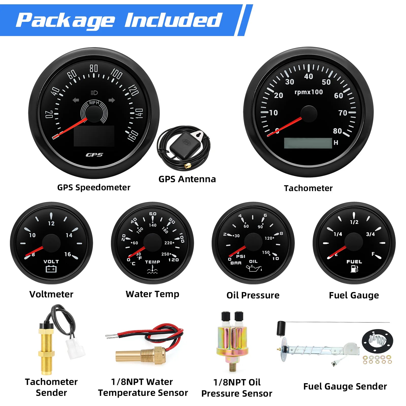 6pcs Gauge Set 160MPH 200km/h GPS Speedometer Tachometer Water Temp Fuel Voltmeter Oil close-up view