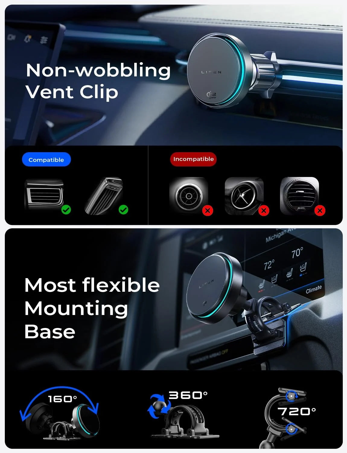LISEN Qi2.2 25W Magnetic Car Charger Mount with Cooling Fan | Wireless Phone Holder additional angle
