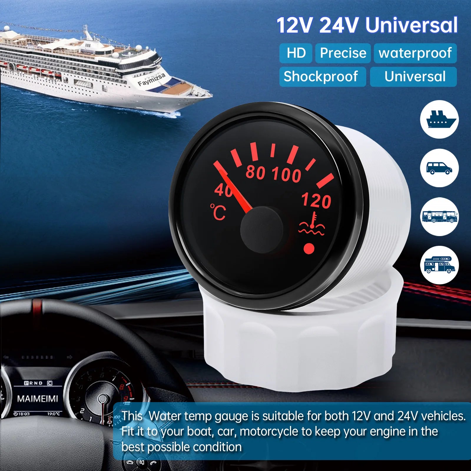 52mm Water Temperature Gauge with Flash Alarm | 40-120℃ Red LED Water Temp Meter fo additional angle