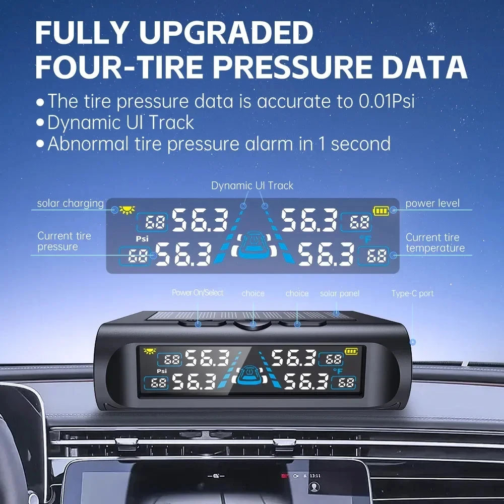 USB Solar TPMS Car Tire Pressure Monitor | 4 External Sensors Digital LCD Display 0-6.8B detail view
