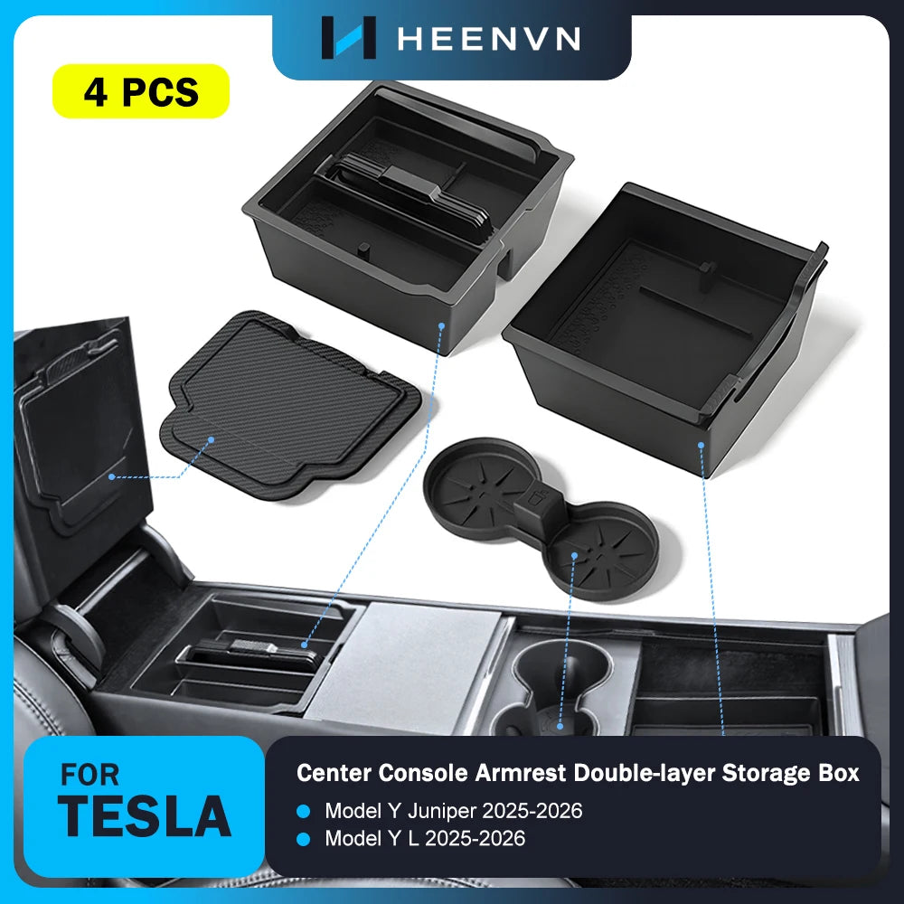 Heenvn For Tesla Model Y Juniper 2025 2026 Model YL Car Center Console Armrest Double-layer Storage Box Water Cup Mat Organizer