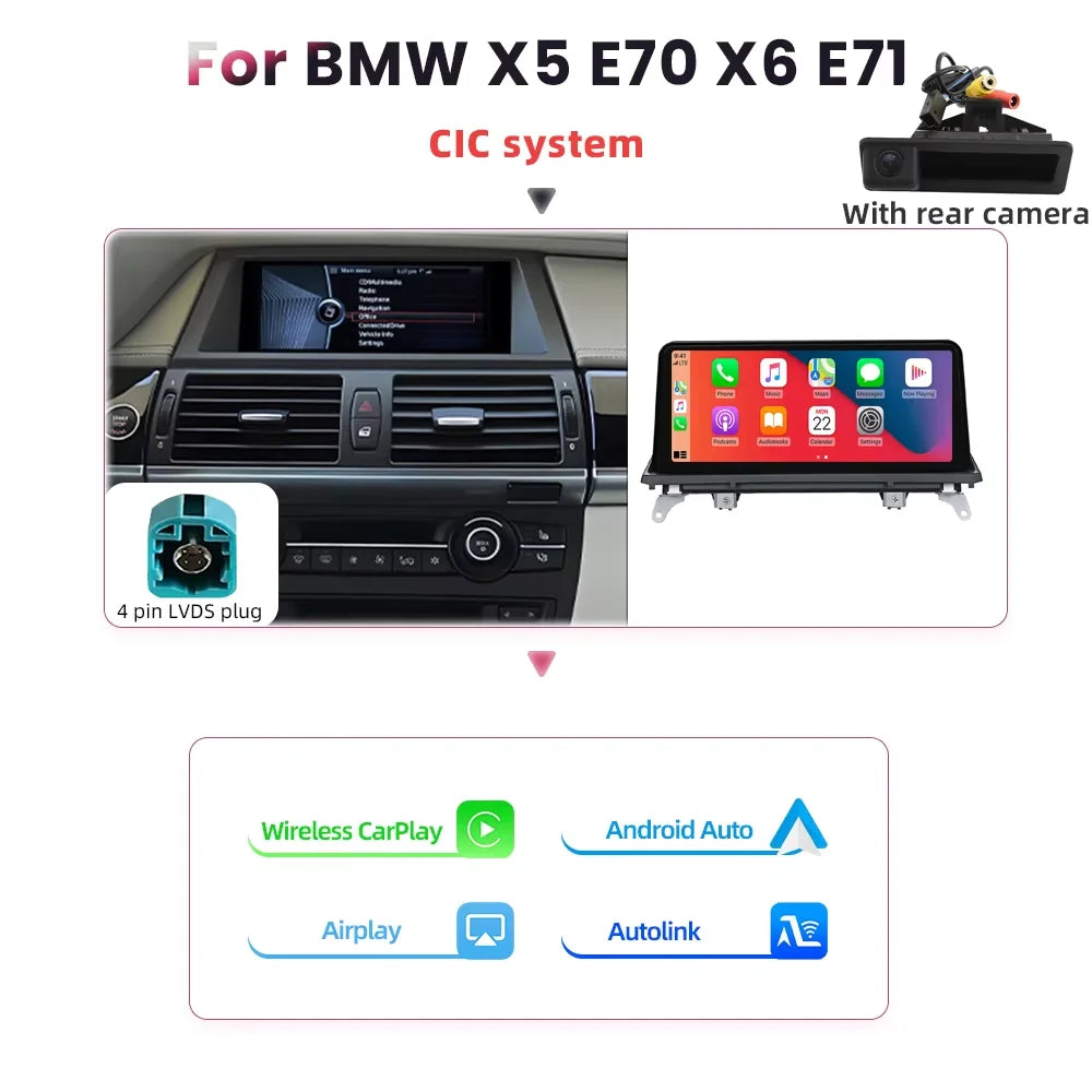 BONROAD Wireless Carplay Android Auto Car Radio For BMW X5 E70 X6 E71 CCC CIC Bluetooth Mirror Link Navigation GPS Touch Screen