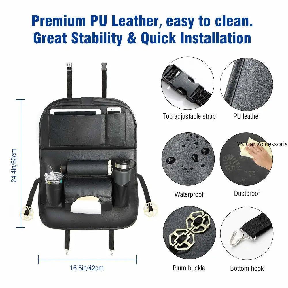 PU Leather Car Seat Back Organizer with Foldable Table