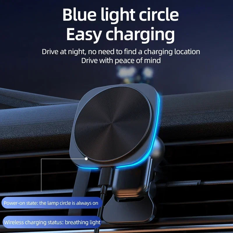 RGB LED Magnetic Wireless Charger Car Phone Holder | Fast Charging Mount for iPhone 16 close-up view