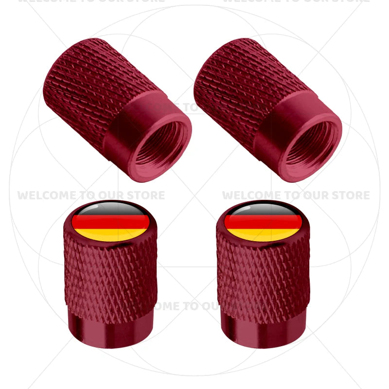 4Pcs Aluminum Motorcycle Car Tire Valve Caps with Germany France Italy Flag Emblems | close-up view