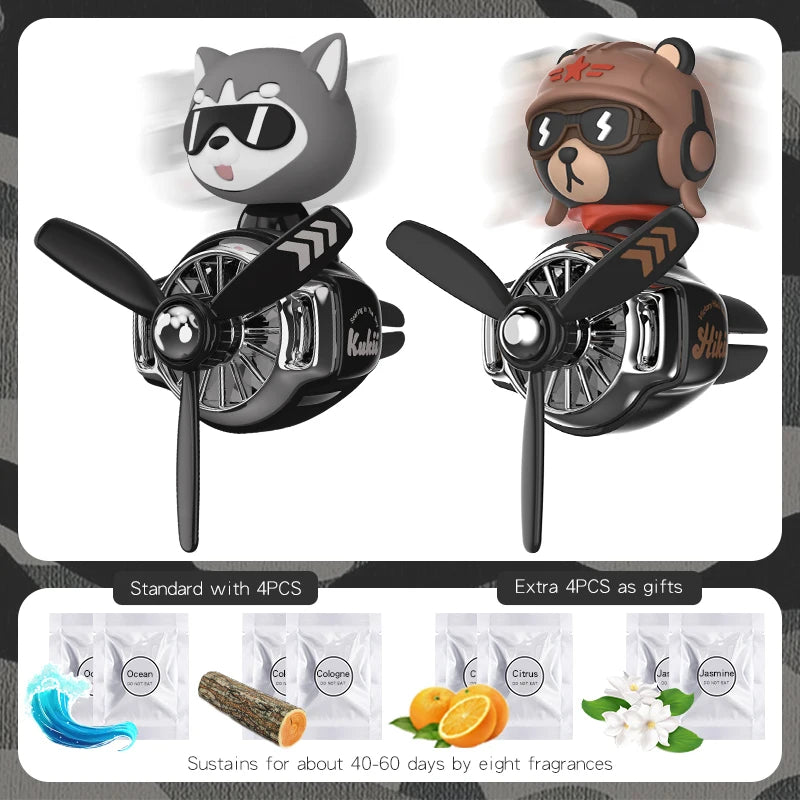 Rotating Propeller Plane Pilot Bear Car Air Freshener | Ocean Scent Vent Clip Decorati close-up view