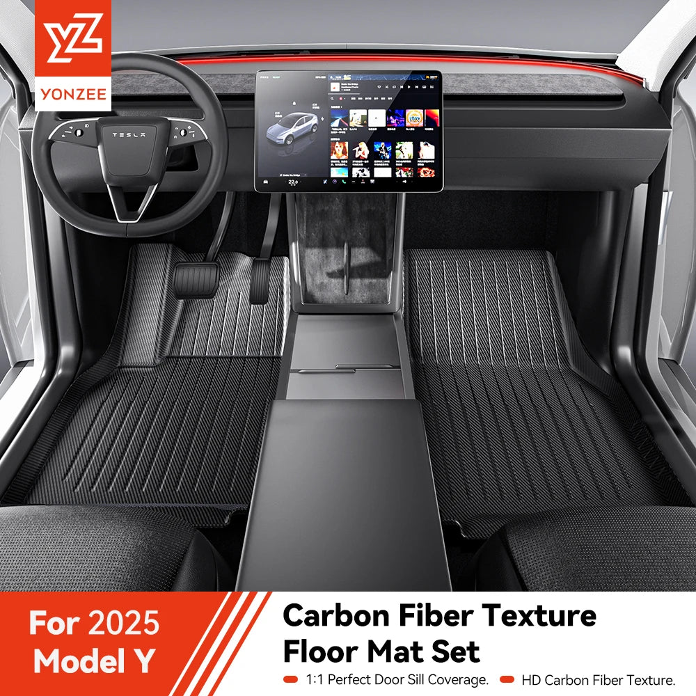 Tesla Model Y Juniper 2025 Floor Mats | Carbon Fiber TPE, Waterproof, Anti-Slip, Trunk & Backrest