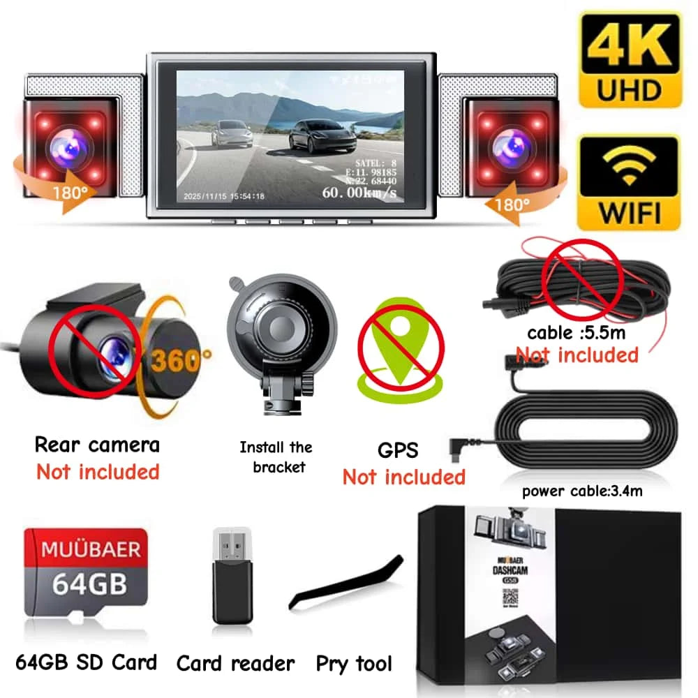 4K 360° 4-Channel Dash Cam with 5.8GHz WiFi & GPS | 4K Front+1080P Left/Right/Rear, 3" IPS Screen, Night Vision, Loop Recording