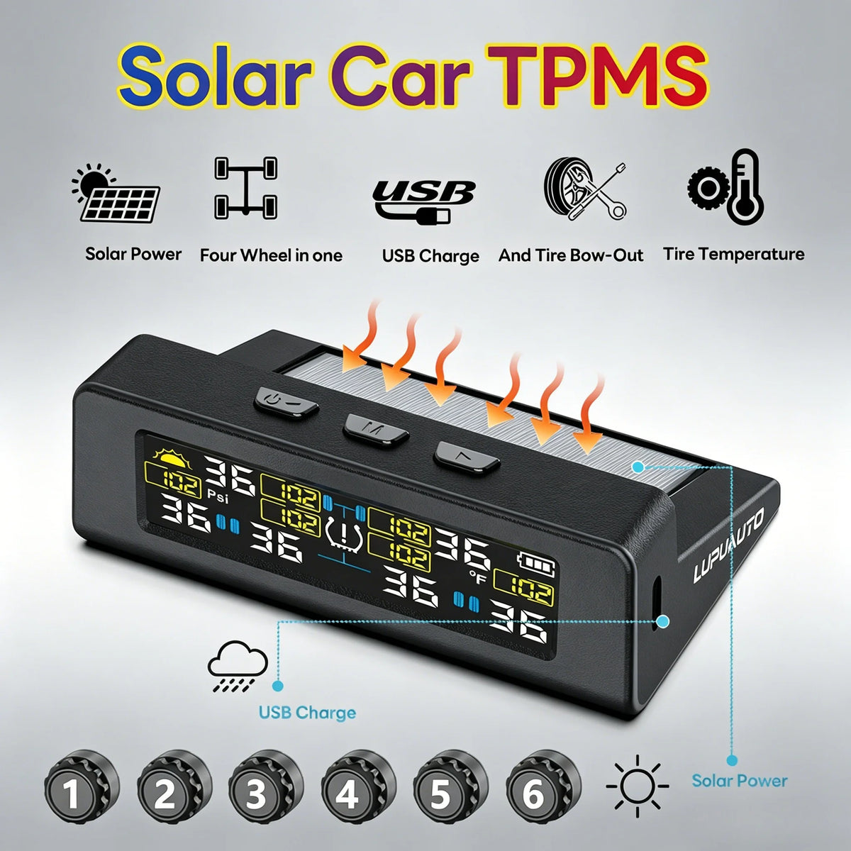 T20 USB/Solar Charging TPMS Car Tyre Monitor with 4 or 6 External Temperature Sensors Digital LCD Display 0-9.9Bar Tire Pressure Gauge Universal Smart 433.92MHz Auto Security Alarm