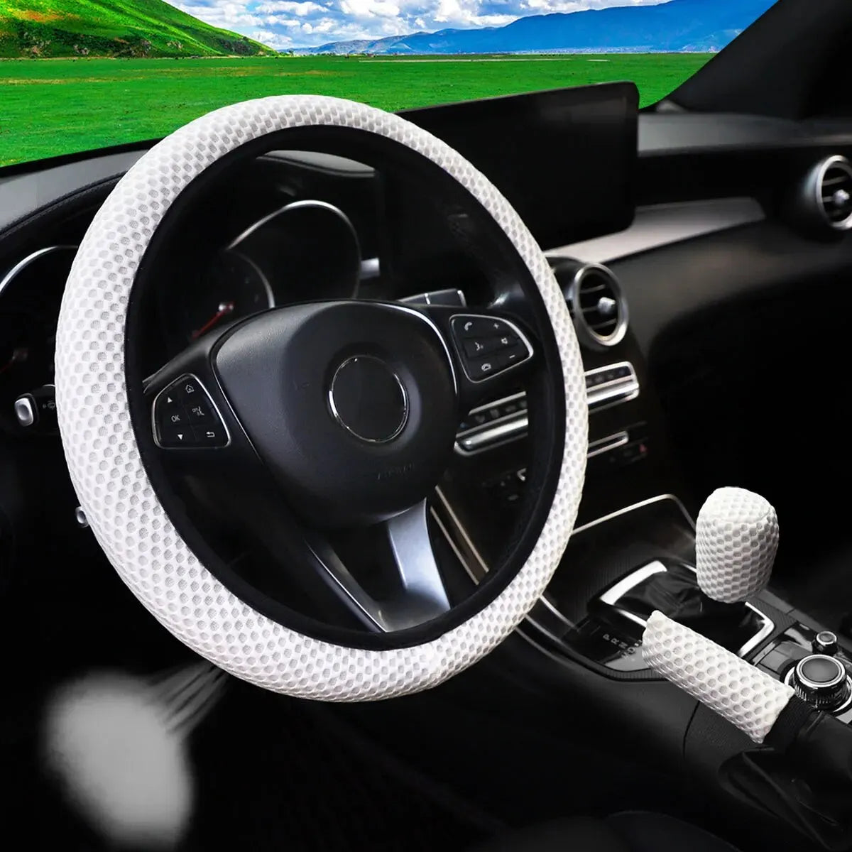3 Car Massage Mesh Cloth Steering Wheel Cover Handbrake & Handle Cover Set Breathable alternate view