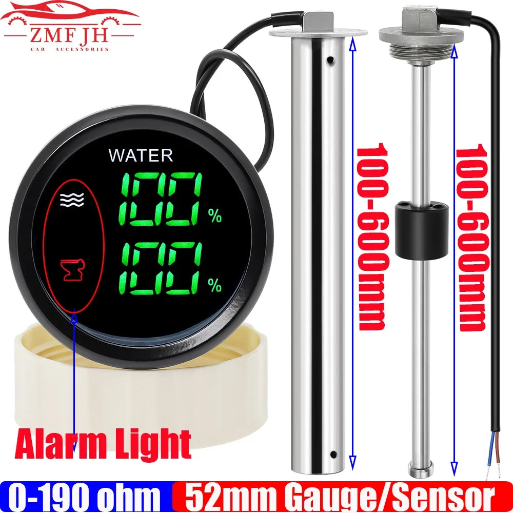 Digital Dual Gauge with Alarm 52MM Water Level and Sewage Level Meter | 0-190ohm Marine Tank Gauge