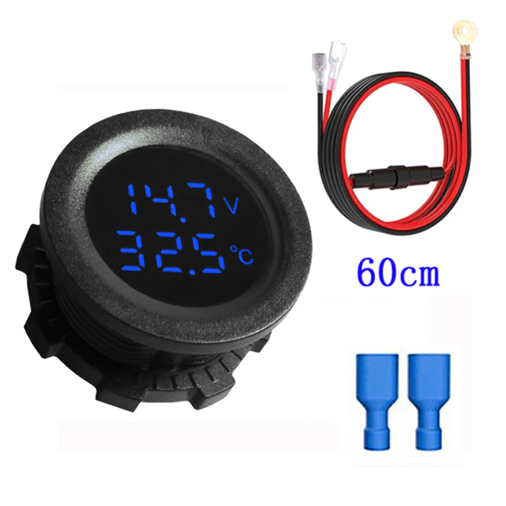 Car Round Temperature Voltmeter 12-24V Auto Voltage Meter Display Digital Measurement for Car Motorcycle Boat Thermometer