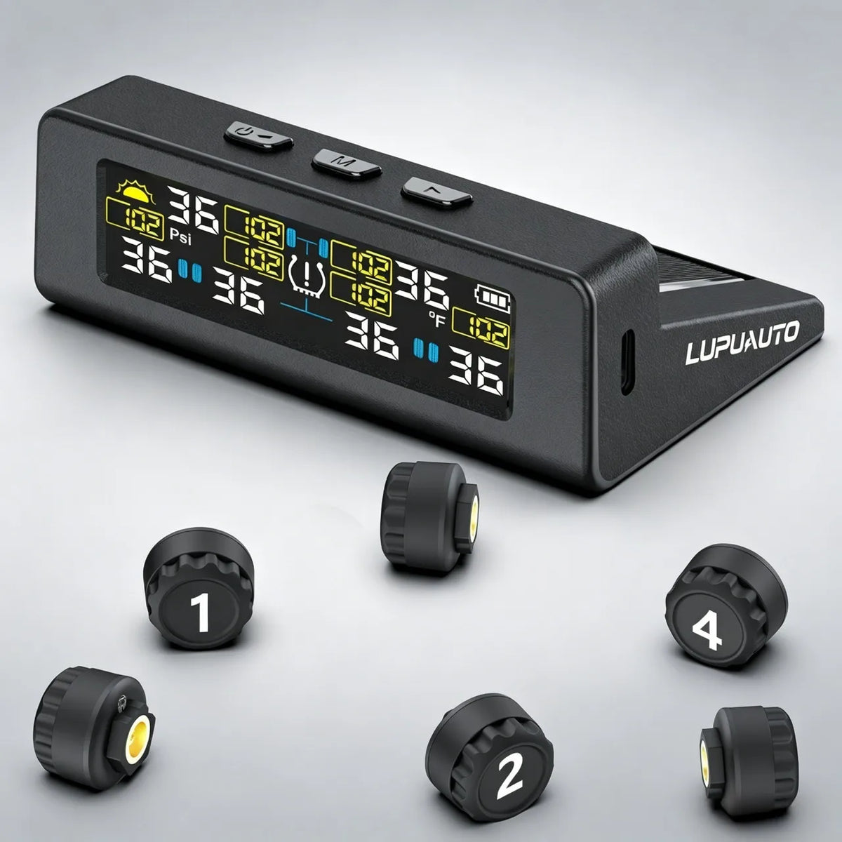 T20 USB/Solar Charging TPMS Car Tyre Monitor with 4 or 6 External Temperature Sensors Digital LCD Display 0-9.9Bar Tire Pressure Gauge Universal Smart 433.92MHz Auto Security Alarm