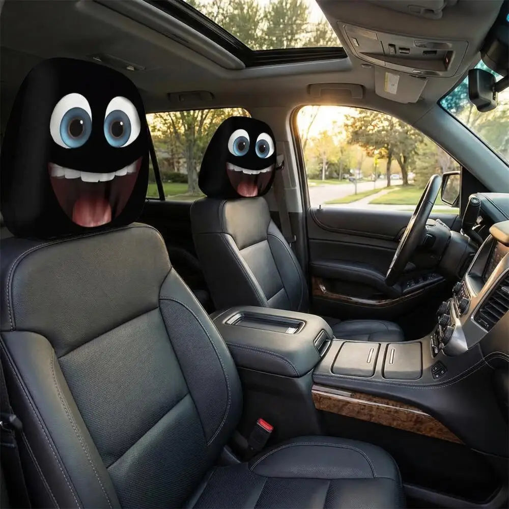 2PCS Blue Big Laugh Eyes Car Headrest Covers 2D Double Print Universal Funny Auto Decor detail view