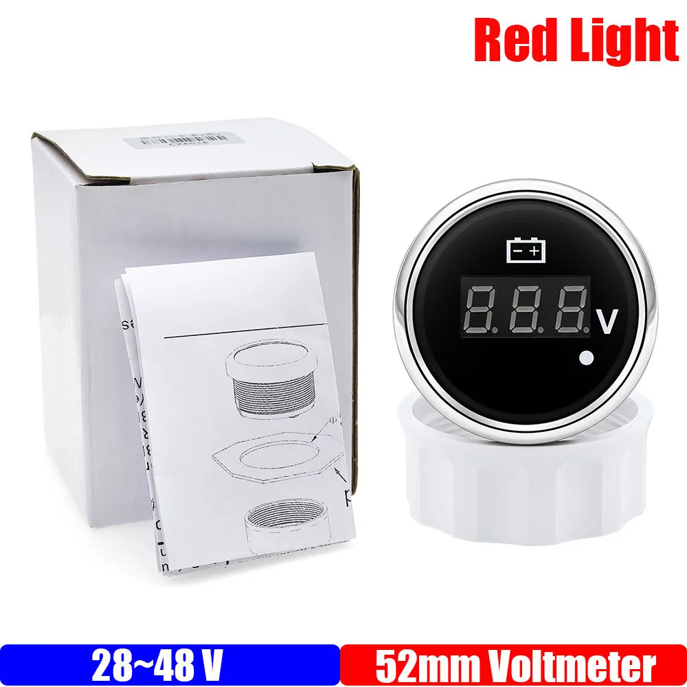 8-32V 28-48V 52mm Digital Voltmeter with Red Alarm Light | Waterproof Voltage Gauge fo close-up view