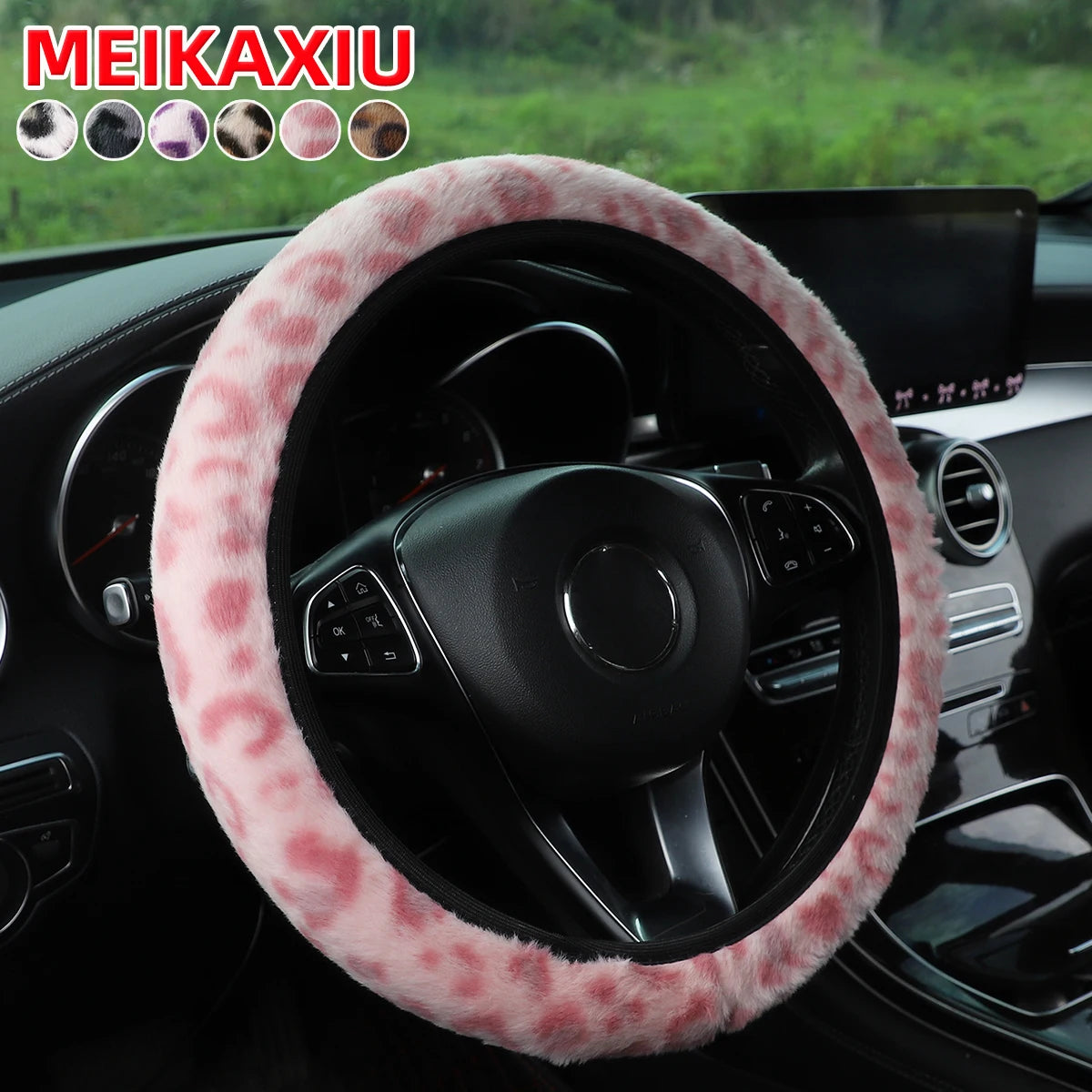 Leopard Print Winter Steering Wheel Cover Soft Comfortable 14.5-15 Inch Rimless Car A lifestyle view