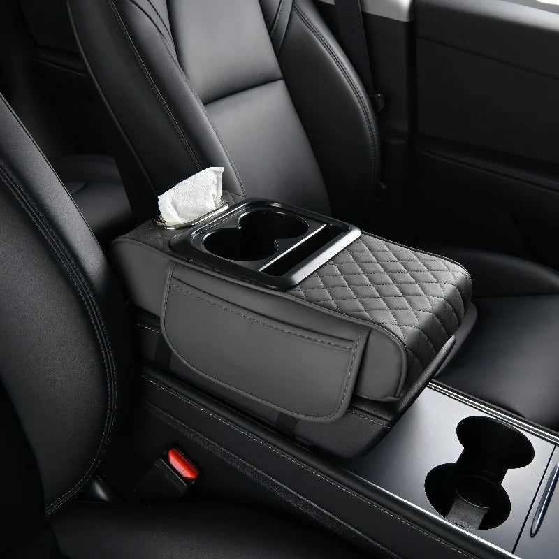 Car Armrest Box 5in1 Car Tissue Box Water Cup Holder Multifunctional Storage Bag Thicken Height Pad Arm Rest Cushion with Pocket