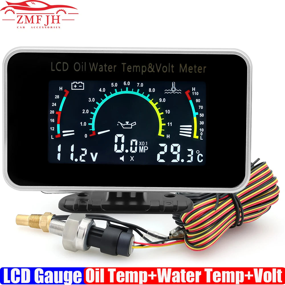 3 IN 1 LCD Gauge Multifunctional Oil Temperature Water Temperature Voltmeter with Sensor 1/8NPT for