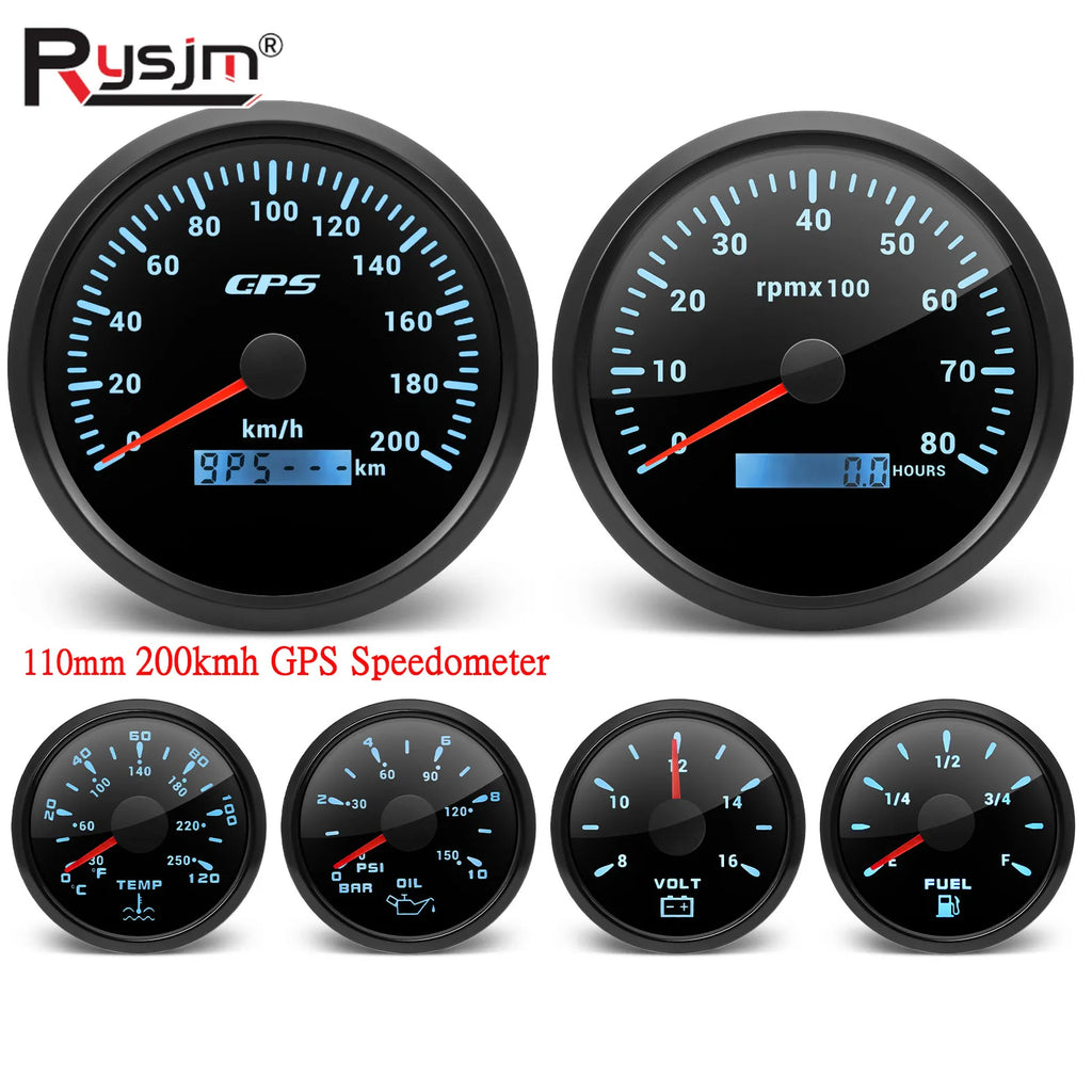 110mm Gauge+52mm Gauges 6 Gauge Set With Sensors 120MPH GPS Speedometer 8000rpm Tachometer Voltmeter Temp Press Fuel 240-33ohm