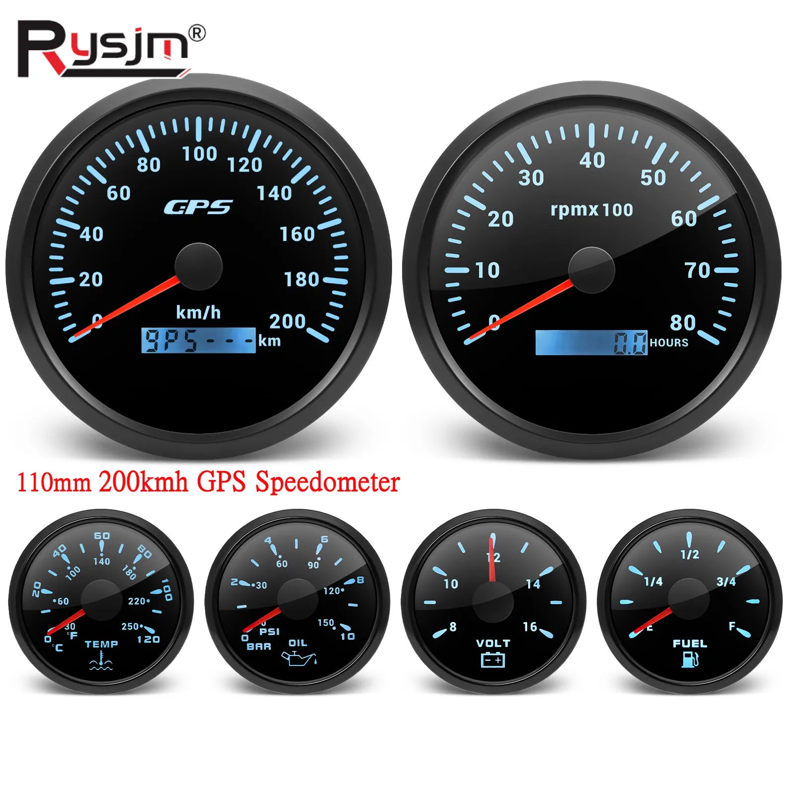 6 Gauge Set with GPS Speedometer, Tachometer, Voltmeter, and Sensors | 110mm and 52 additional angle