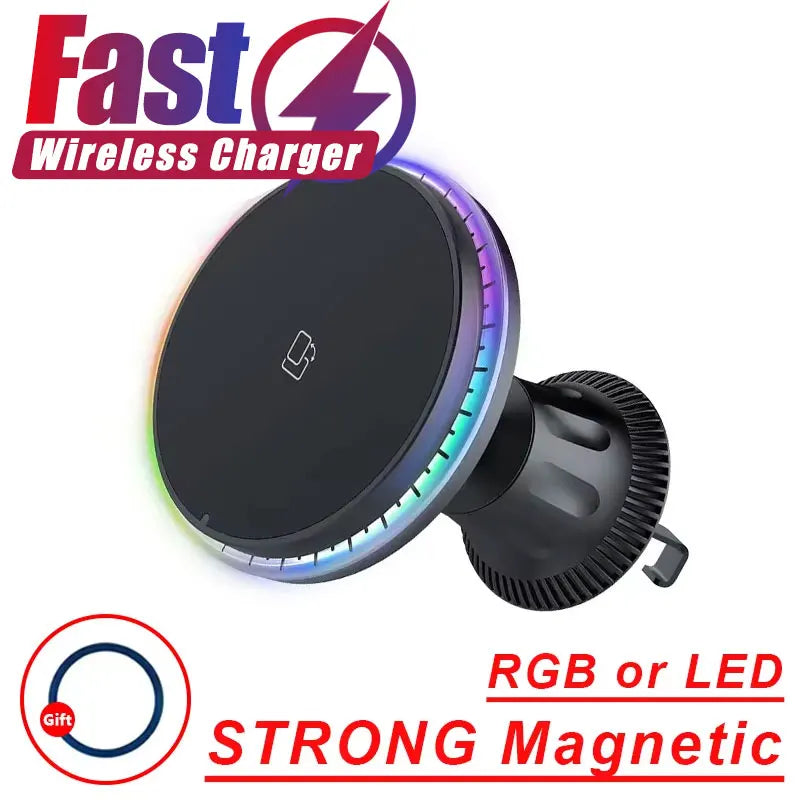 Magnetic Car Wireless Charger RGB For iPhone12 13 14 15 16 17 Pro Max Macsafe Car Phone Holder Stand